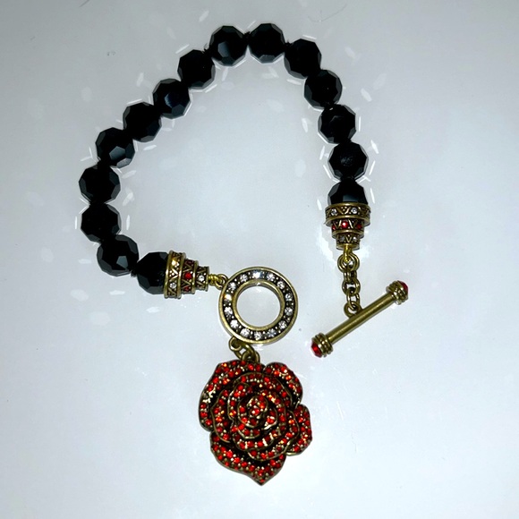 NWOT Retired Heidi Daus Designer Red Rose Rhinestone Toggle Bracelet Flower Boho - Picture 6 of 10